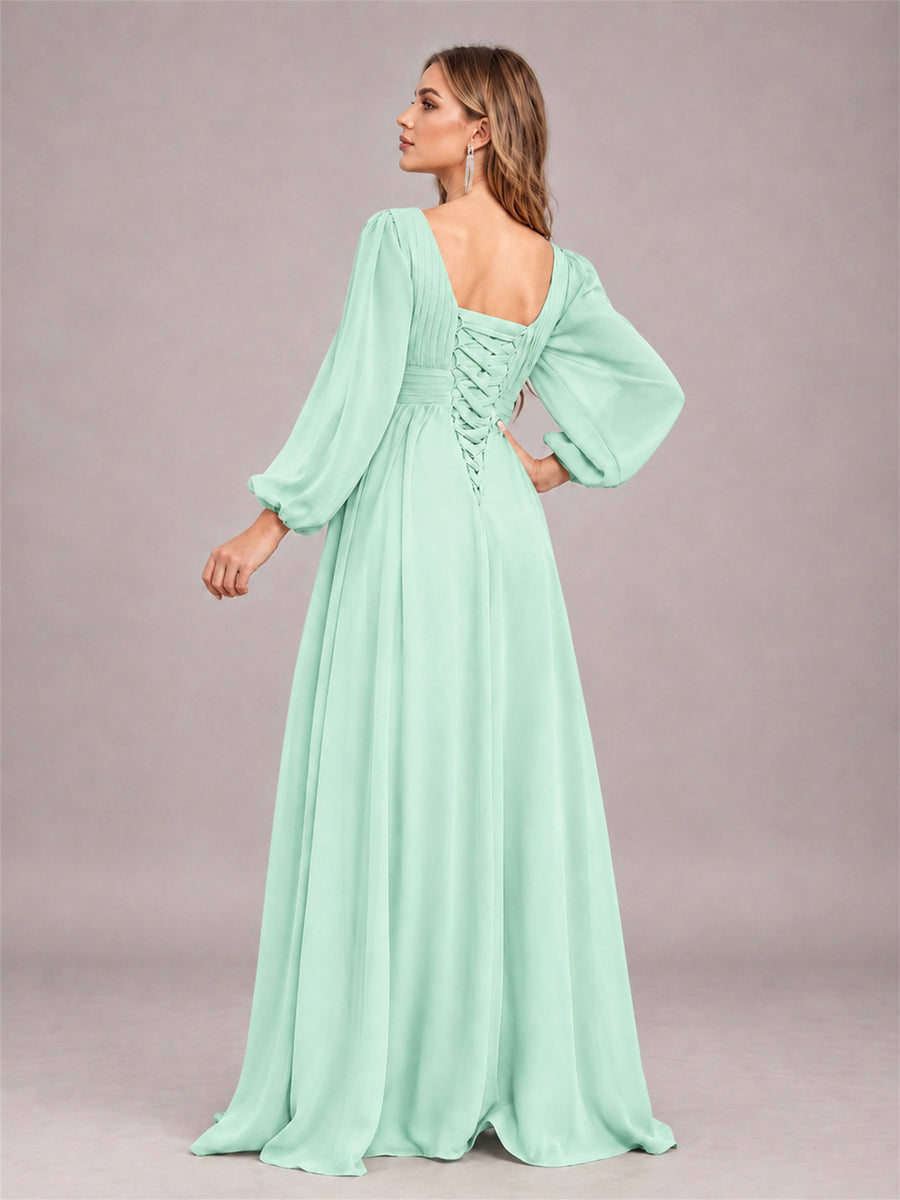 Mint Green Trendy Long Sleeves Ruched Floor Length Chiffon Bridesmaid Dress