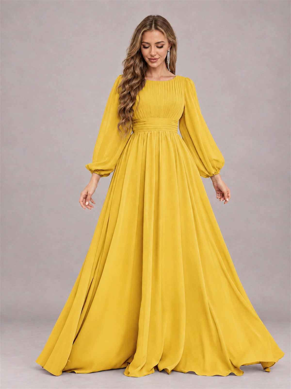 Mustard Yellow Trendy Long Sleeves Ruched Floor Length Chiffon Bridesmaid Dress