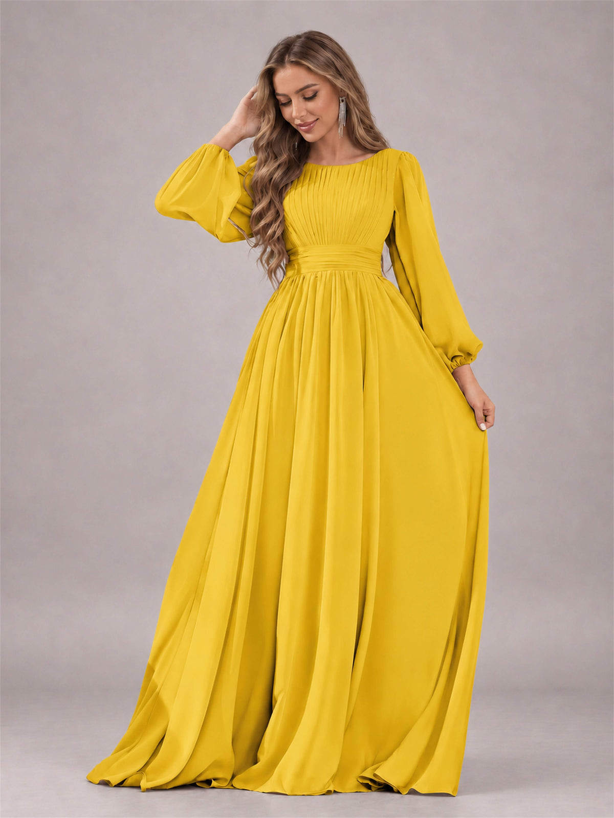 Mustard Yellow Trendy Long Sleeves Ruched Floor Length Chiffon Bridesmaid Dress