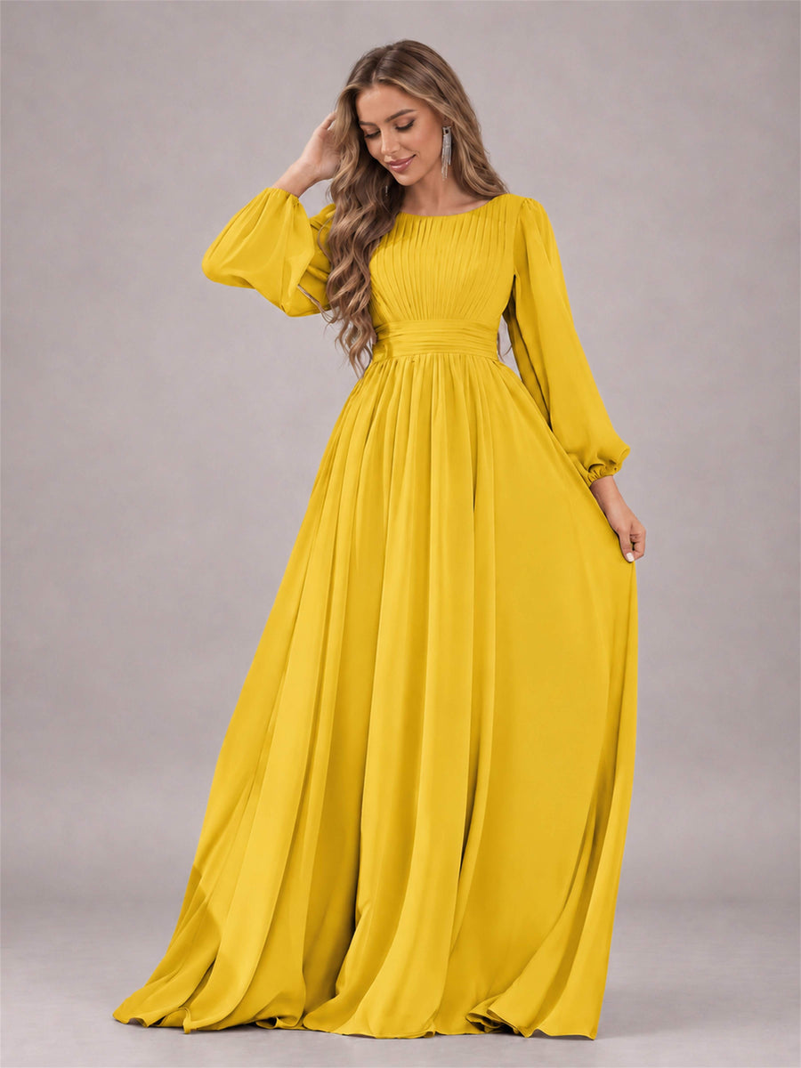 Mustard Yellow Trendy Long Sleeves Ruched Floor Length Chiffon Bridesmaid Dress