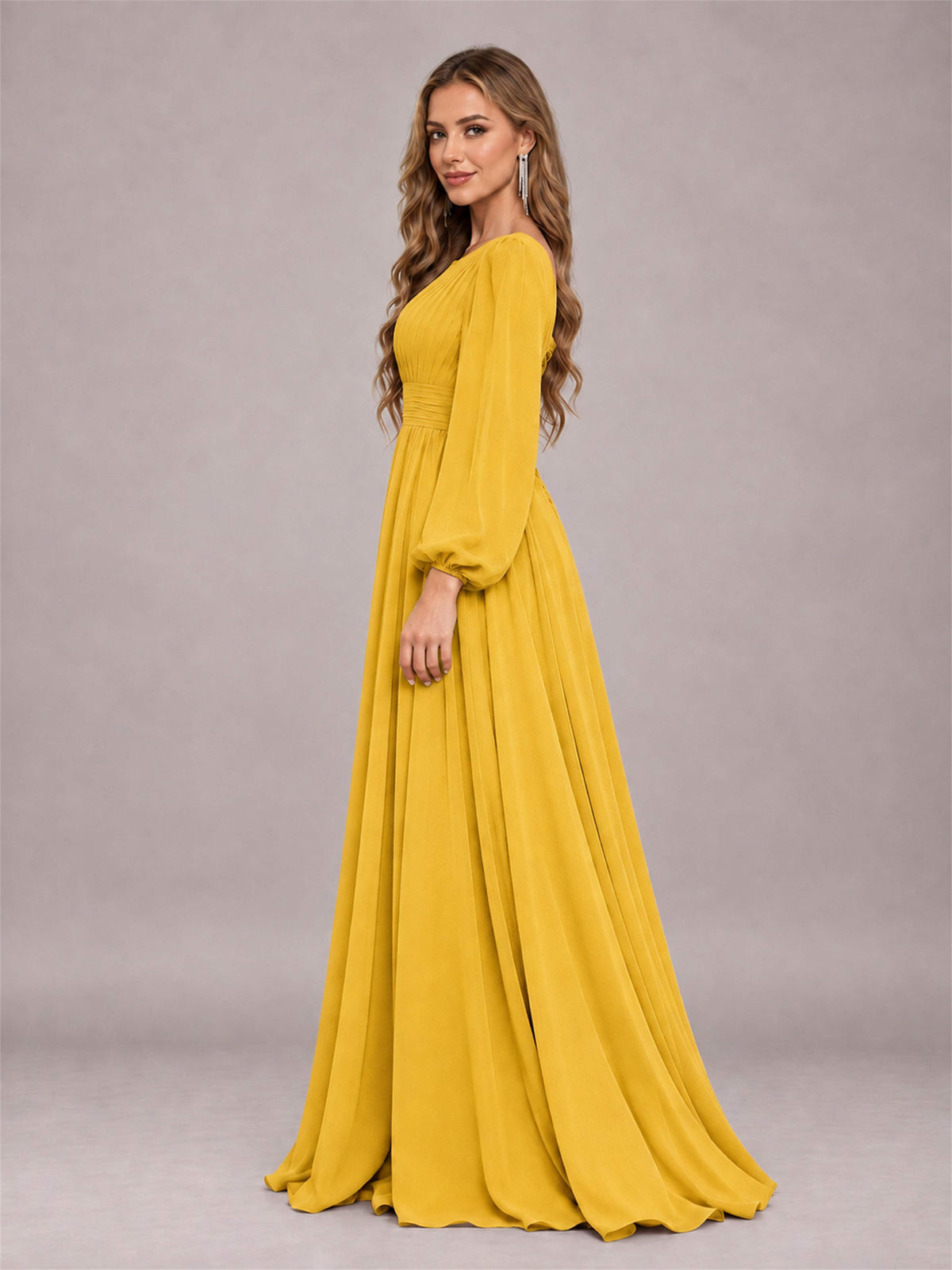 Mustard Yellow Trendy Long Sleeves Ruched Floor Length Chiffon Bridesmaid Dress