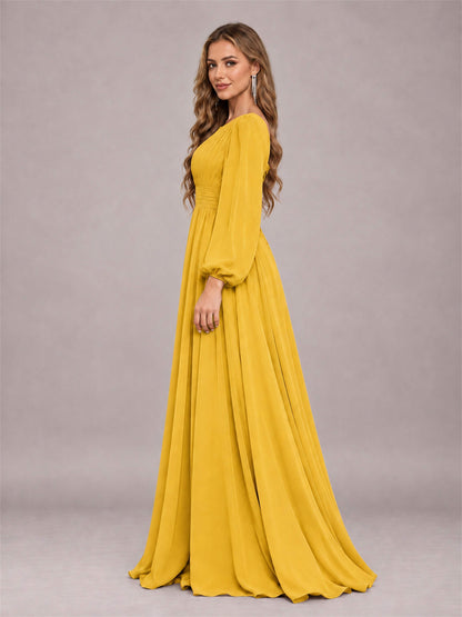 Mustard Yellow Trendy Long Sleeves Ruched Floor Length Chiffon Bridesmaid Dress