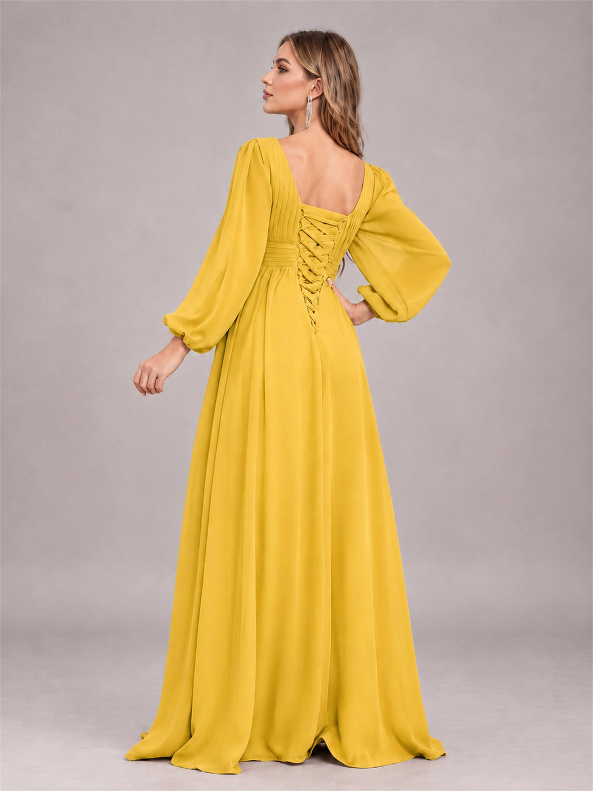 Mustard Yellow Trendy Long Sleeves Ruched Floor Length Chiffon Bridesmaid Dress
