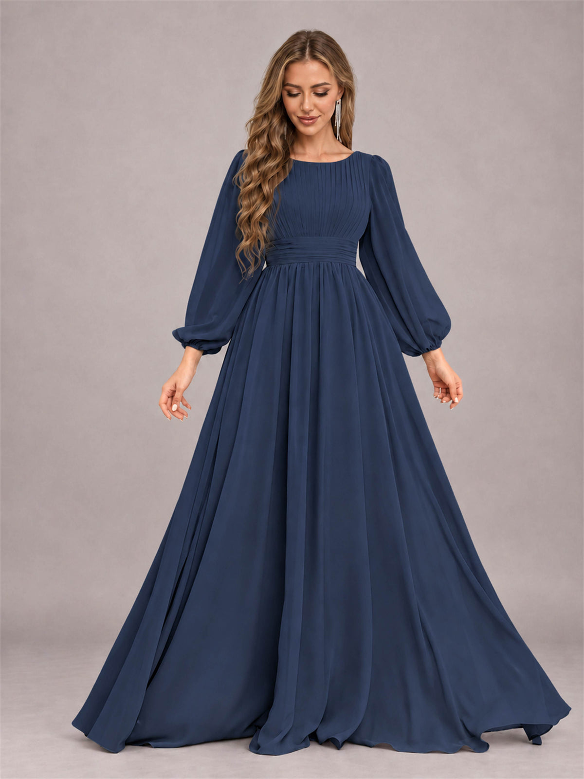 Navy Blue Trendy Long Sleeves Ruched Floor Length Chiffon Bridesmaid Dress