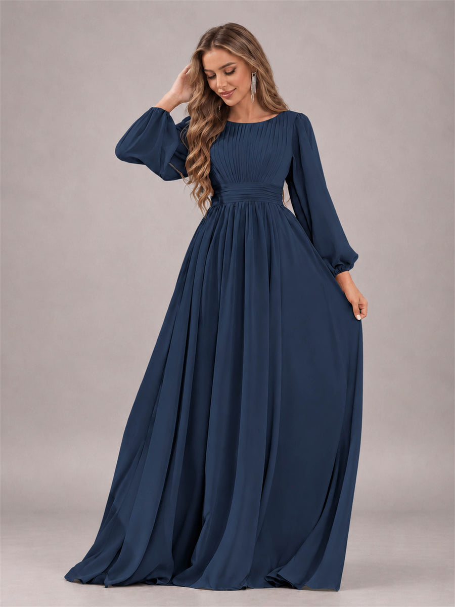 Navy Blue Trendy Long Sleeves Ruched Floor Length Chiffon Bridesmaid Dress