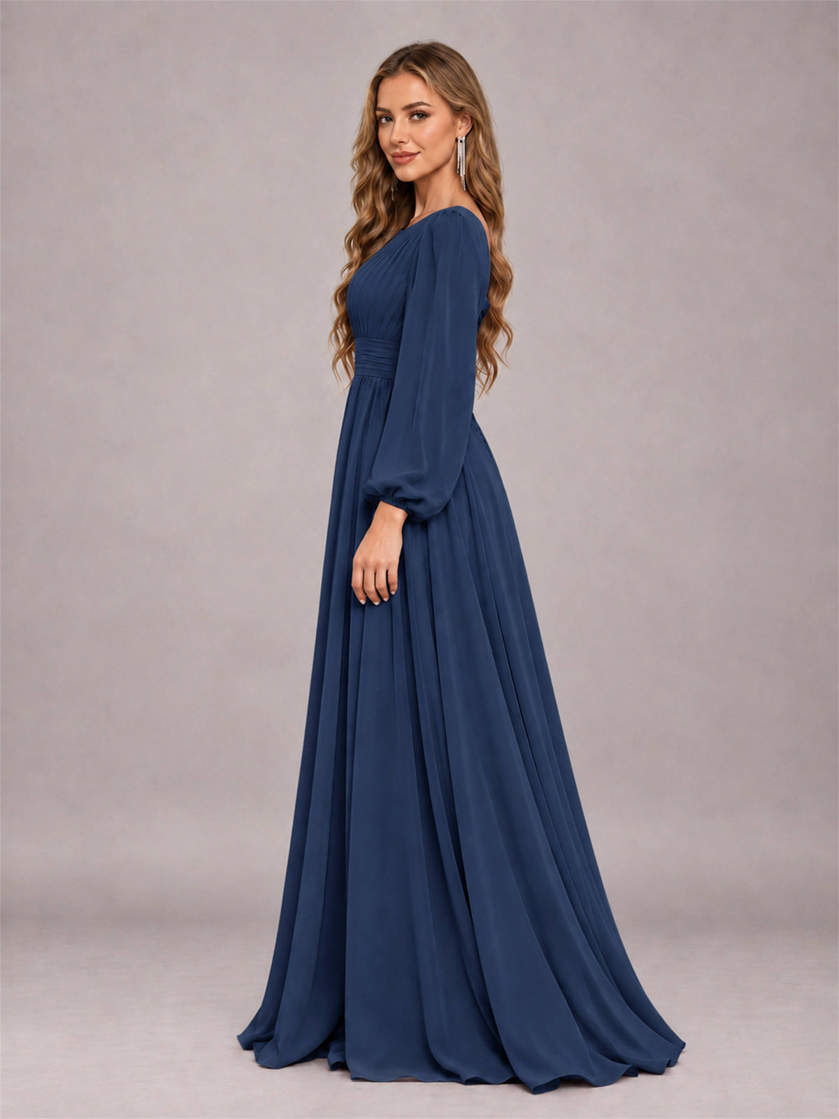 Navy Blue Trendy Long Sleeves Ruched Floor Length Chiffon Bridesmaid Dress