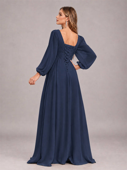 Navy Blue Trendy Long Sleeves Ruched Floor Length Chiffon Bridesmaid Dress