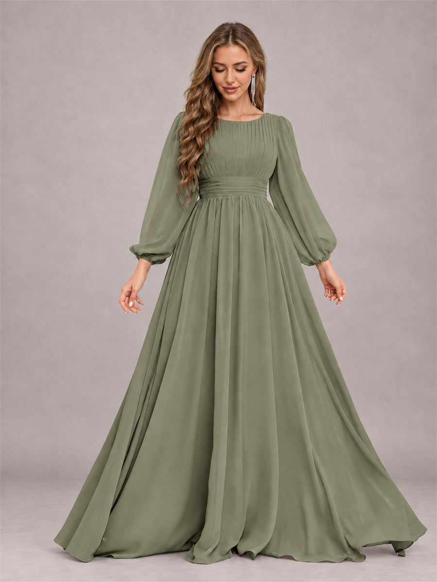 Olive Green Trendy Long Sleeves Ruched Floor Length Chiffon Bridesmaid Dress