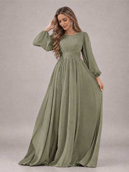 Olive Green Trendy Long Sleeves Ruched Floor Length Chiffon Bridesmaid Dress