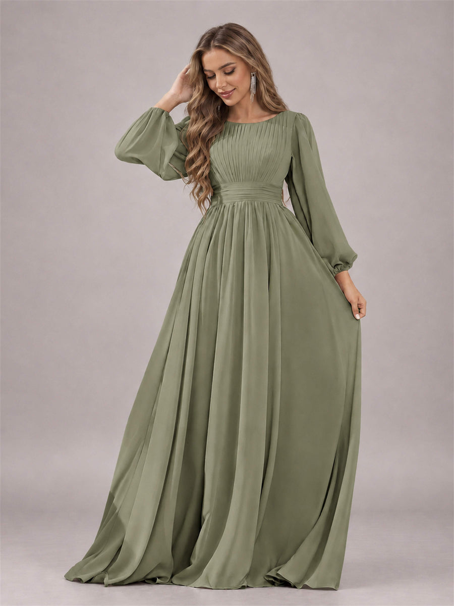 Olive Green Trendy Long Sleeves Ruched Floor Length Chiffon Bridesmaid Dress