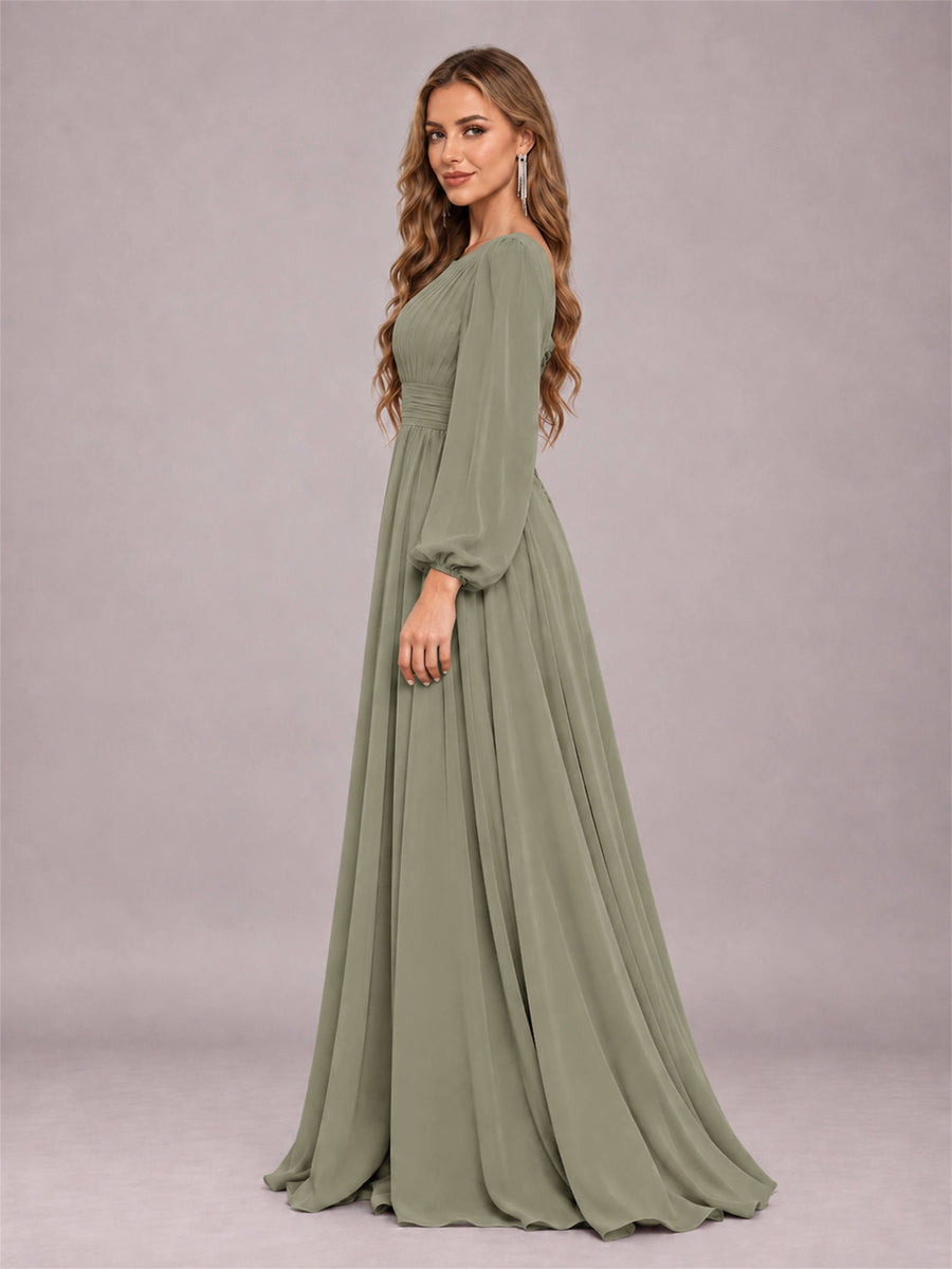 Olive Green Trendy Long Sleeves Ruched Floor Length Chiffon Bridesmaid Dress