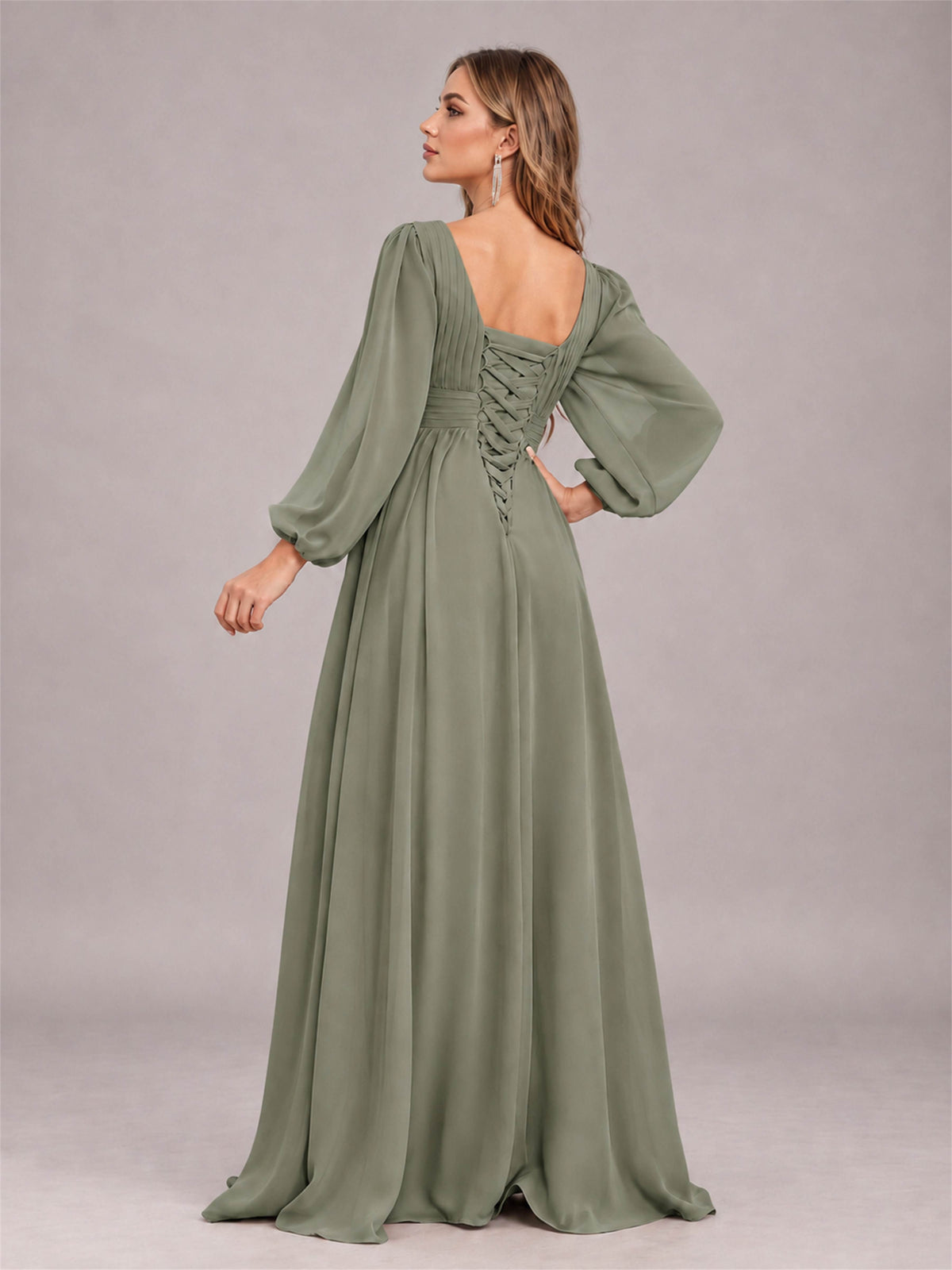Olive Green Trendy Long Sleeves Ruched Floor Length Chiffon Bridesmaid Dress