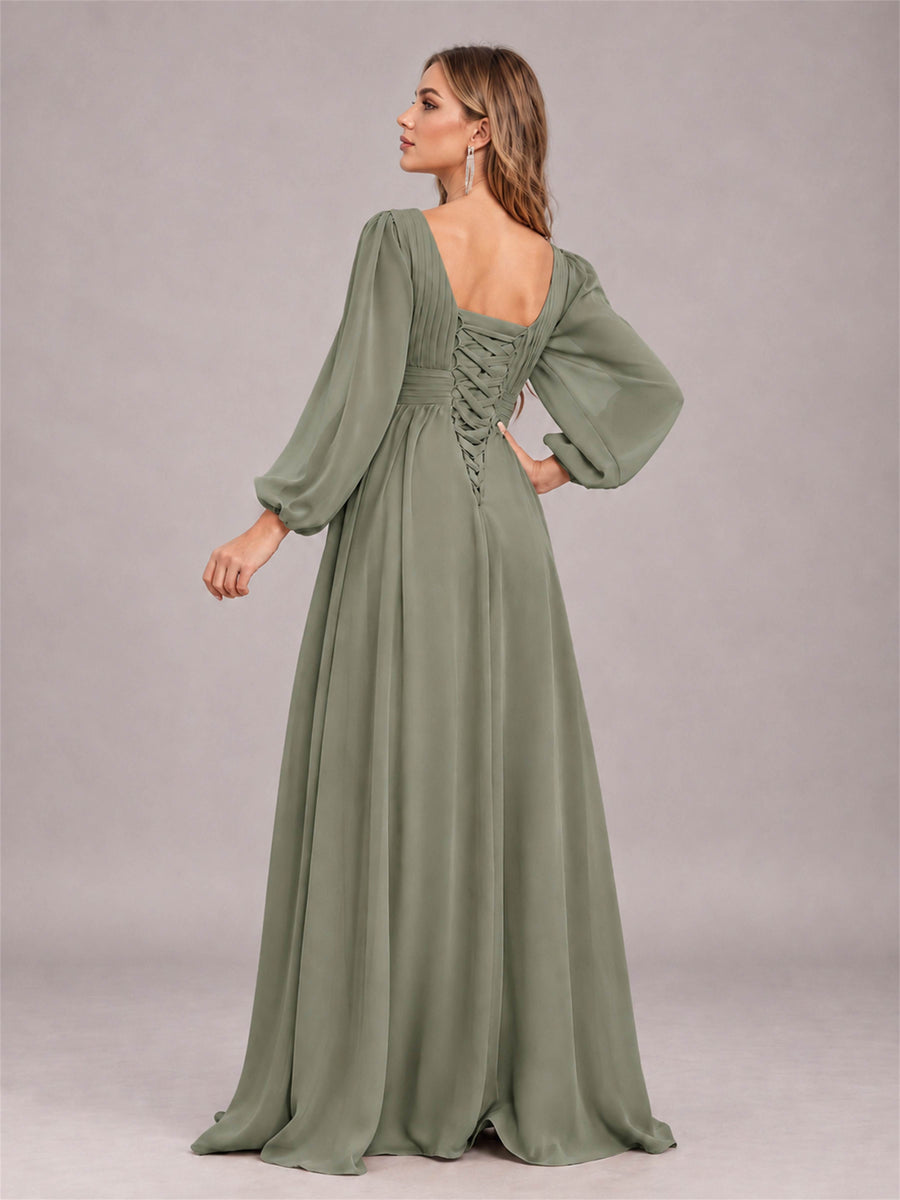 Olive Green Trendy Long Sleeves Ruched Floor Length Chiffon Bridesmaid Dress