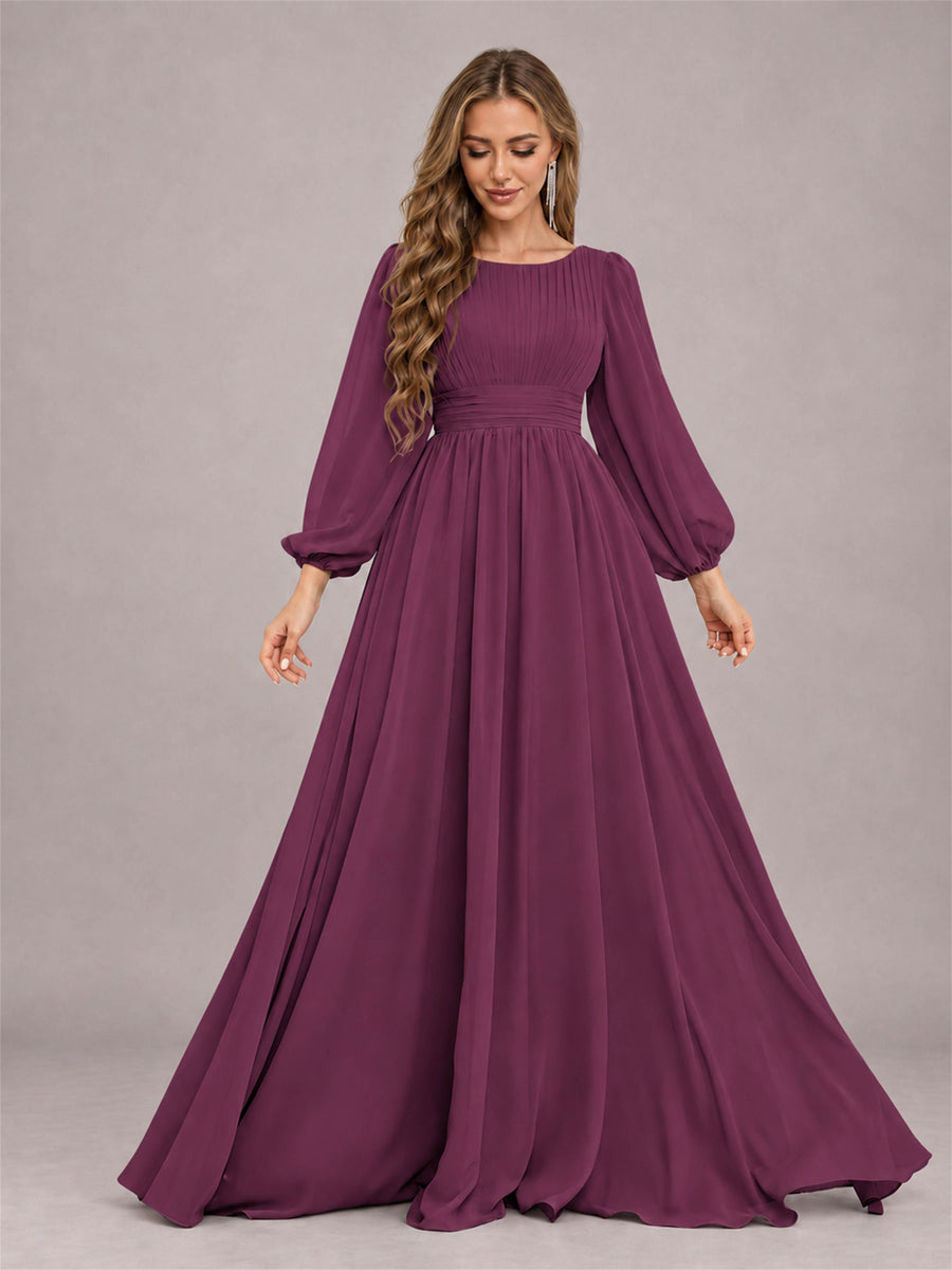 Plum Trendy Long Sleeves Ruched Floor Length Chiffon Bridesmaid Dress