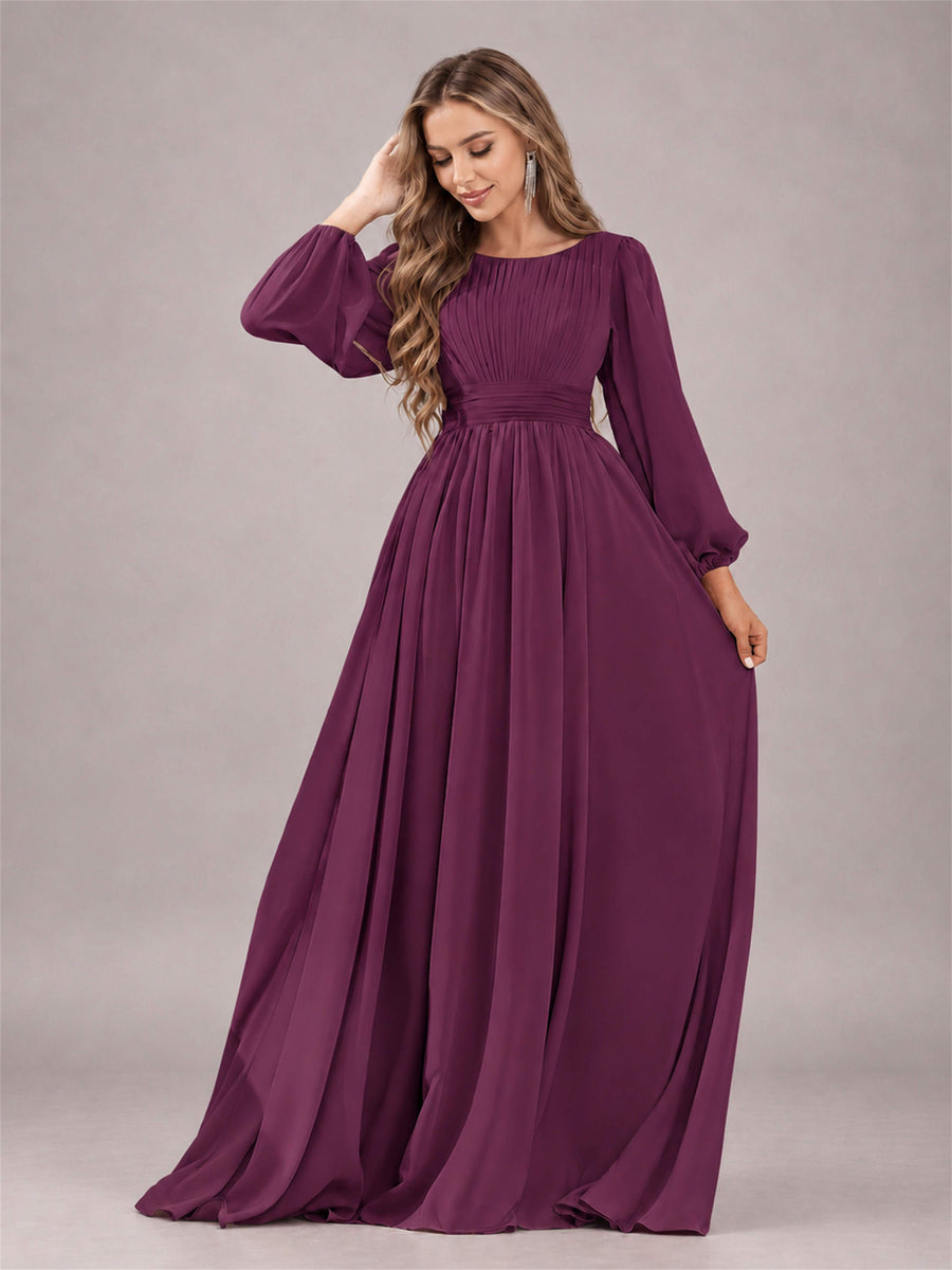 Plum Trendy Long Sleeves Ruched Floor Length Chiffon Bridesmaid Dress