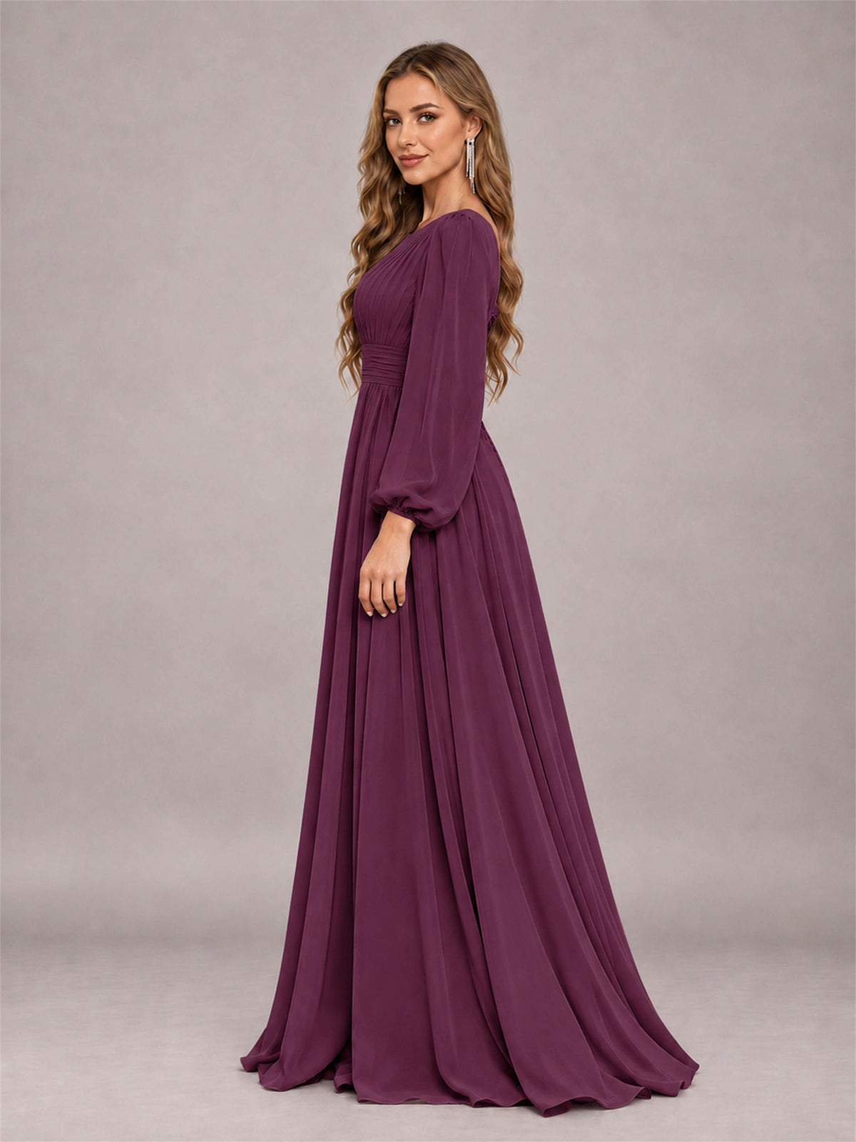Plum Trendy Long Sleeves Ruched Floor Length Chiffon Bridesmaid Dress