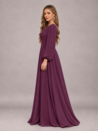 Plum Trendy Long Sleeves Ruched Floor Length Chiffon Bridesmaid Dress