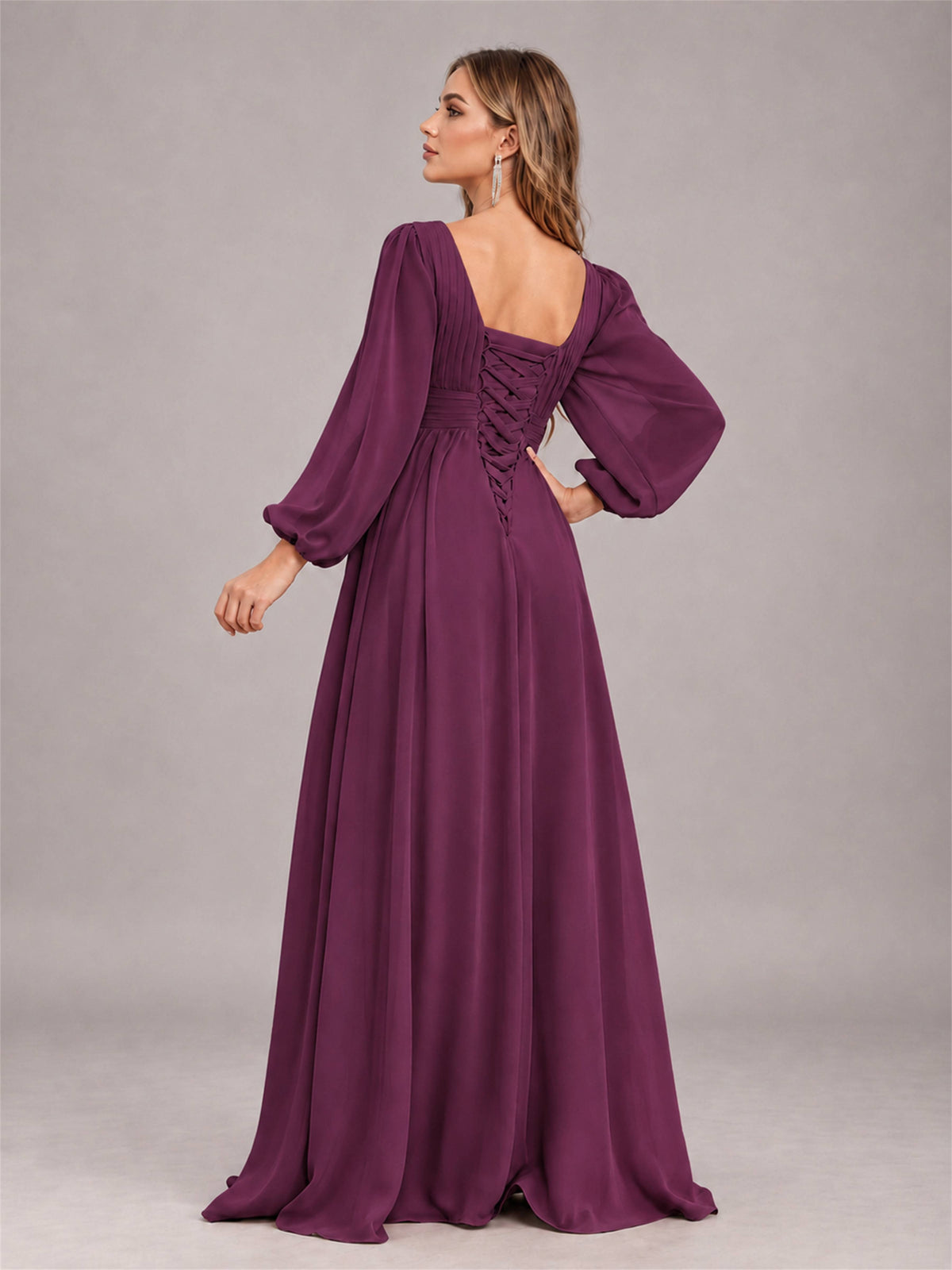 Plum Trendy Long Sleeves Ruched Floor Length Chiffon Bridesmaid Dress