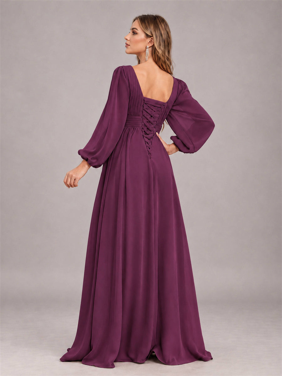 Plum Trendy Long Sleeves Ruched Floor Length Chiffon Bridesmaid Dress