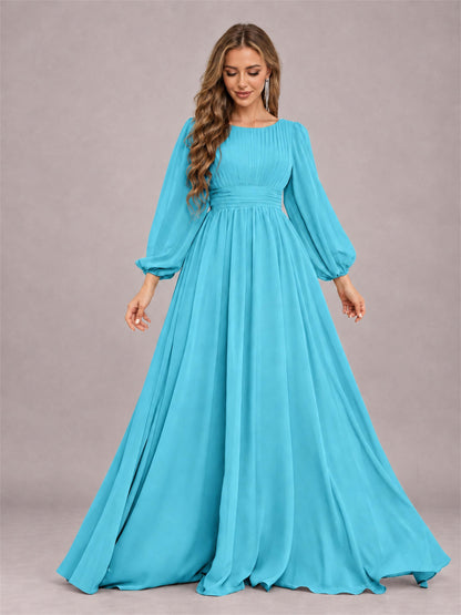 Pool Trendy Long Sleeves Ruched Floor Length Chiffon Bridesmaid Dress