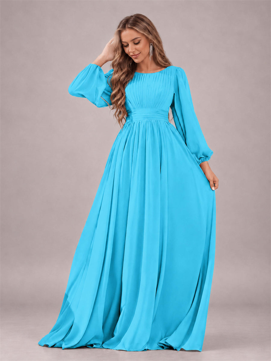 Pool Trendy Long Sleeves Ruched Floor Length Chiffon Bridesmaid Dress