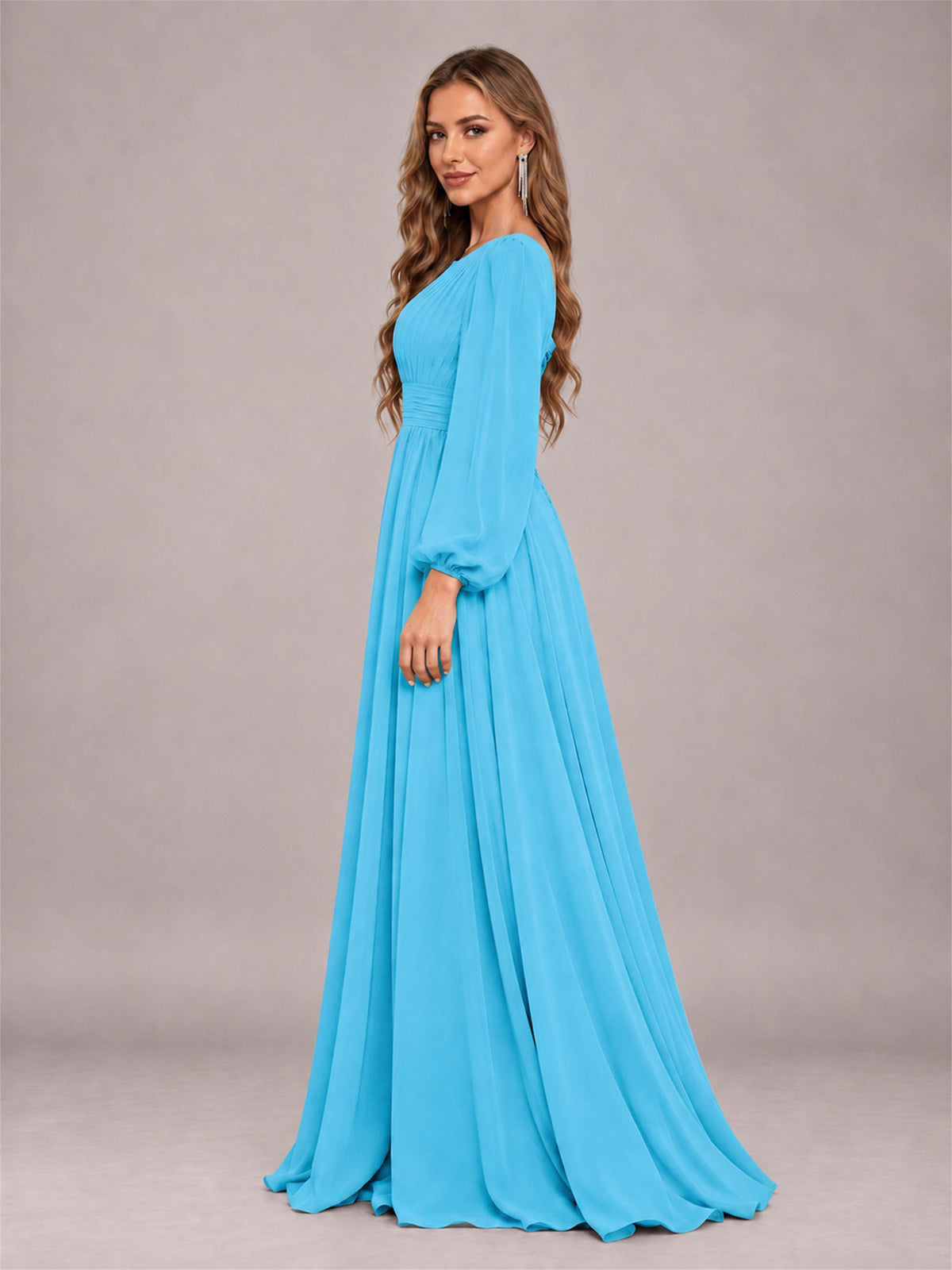 Pool Trendy Long Sleeves Ruched Floor Length Chiffon Bridesmaid Dress