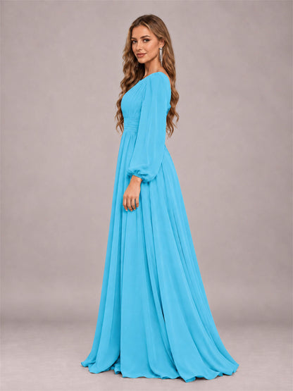 Pool Trendy Long Sleeves Ruched Floor Length Chiffon Bridesmaid Dress