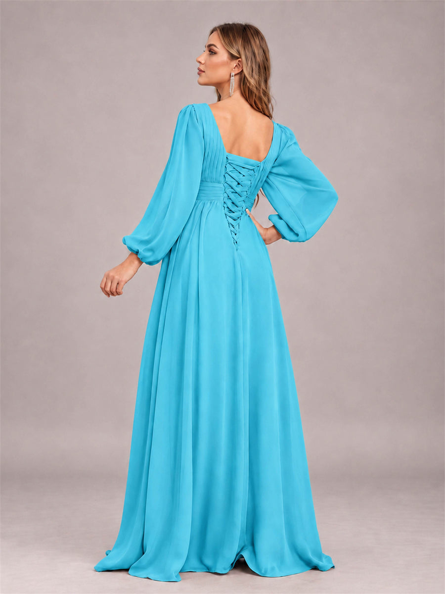 Pool Trendy Long Sleeves Ruched Floor Length Chiffon Bridesmaid Dress