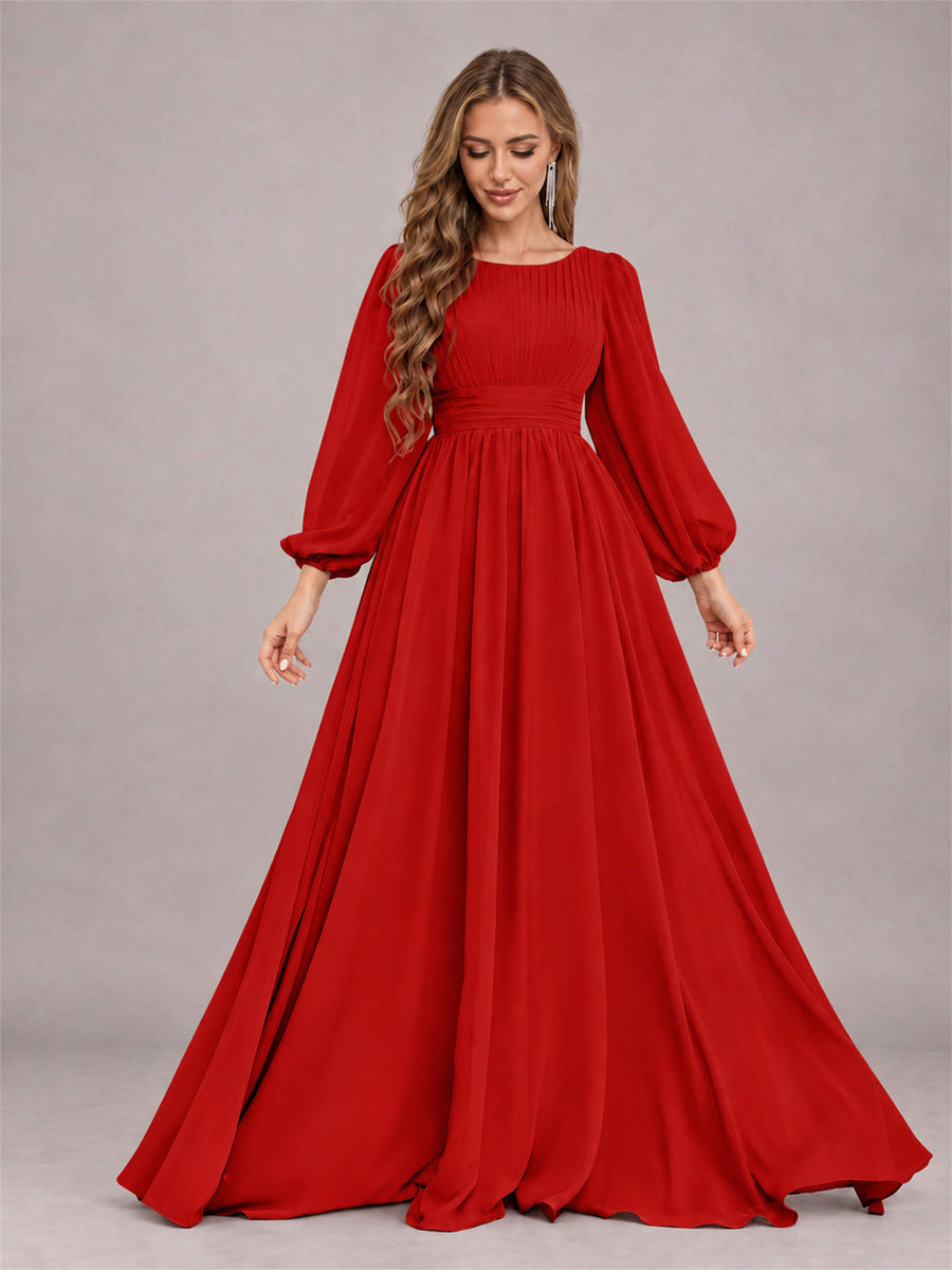 Red Trendy Long Sleeves Ruched Floor Length Chiffon Bridesmaid Dress