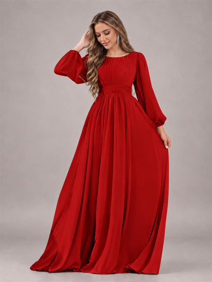 Red Trendy Long Sleeves Ruched Floor Length Chiffon Bridesmaid Dress