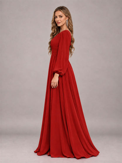Red Trendy Long Sleeves Ruched Floor Length Chiffon Bridesmaid Dress