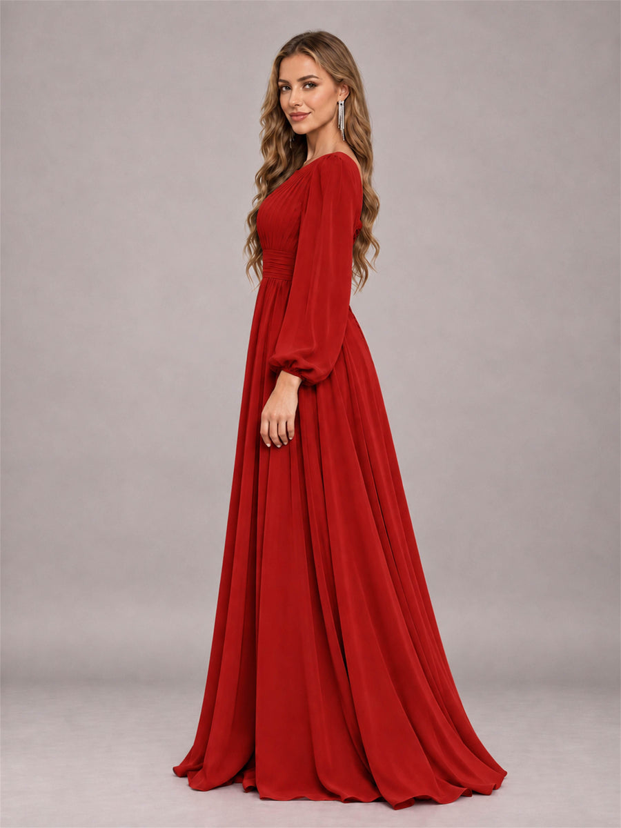Red Trendy Long Sleeves Ruched Floor Length Chiffon Bridesmaid Dress