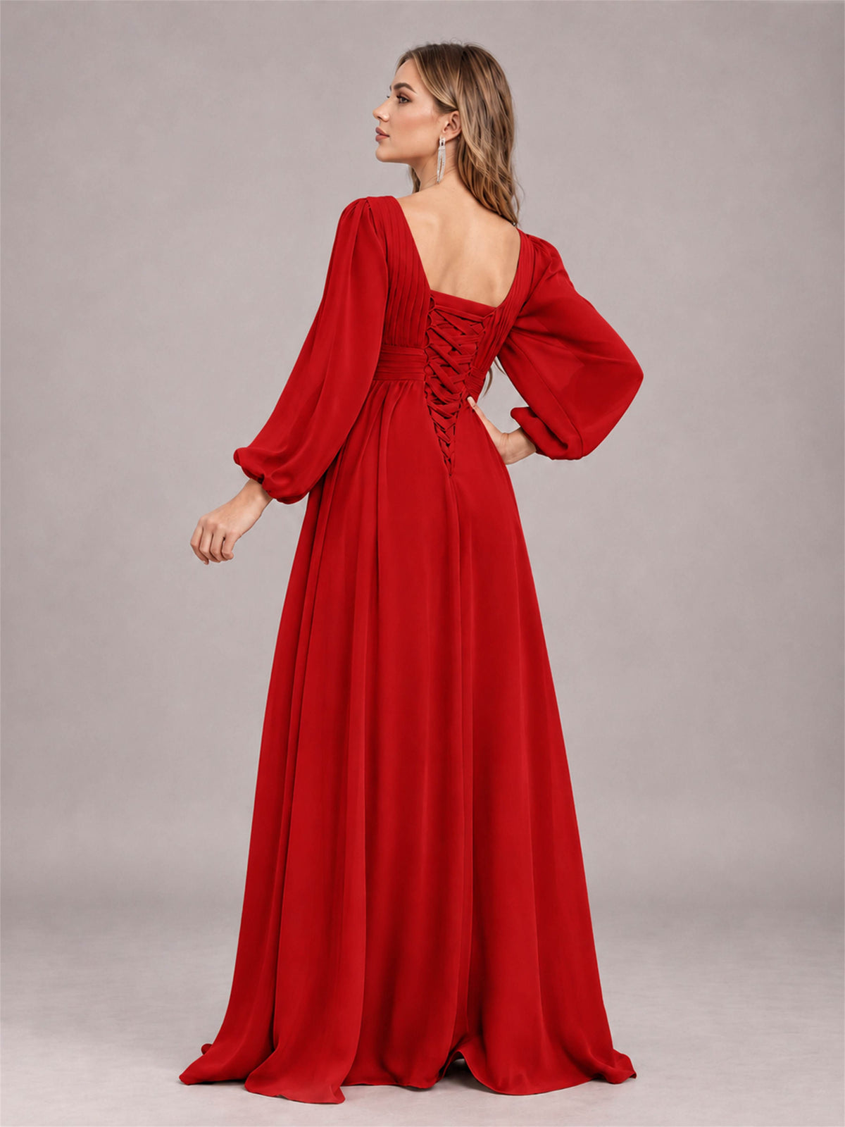 Red Trendy Long Sleeves Ruched Floor Length Chiffon Bridesmaid Dress