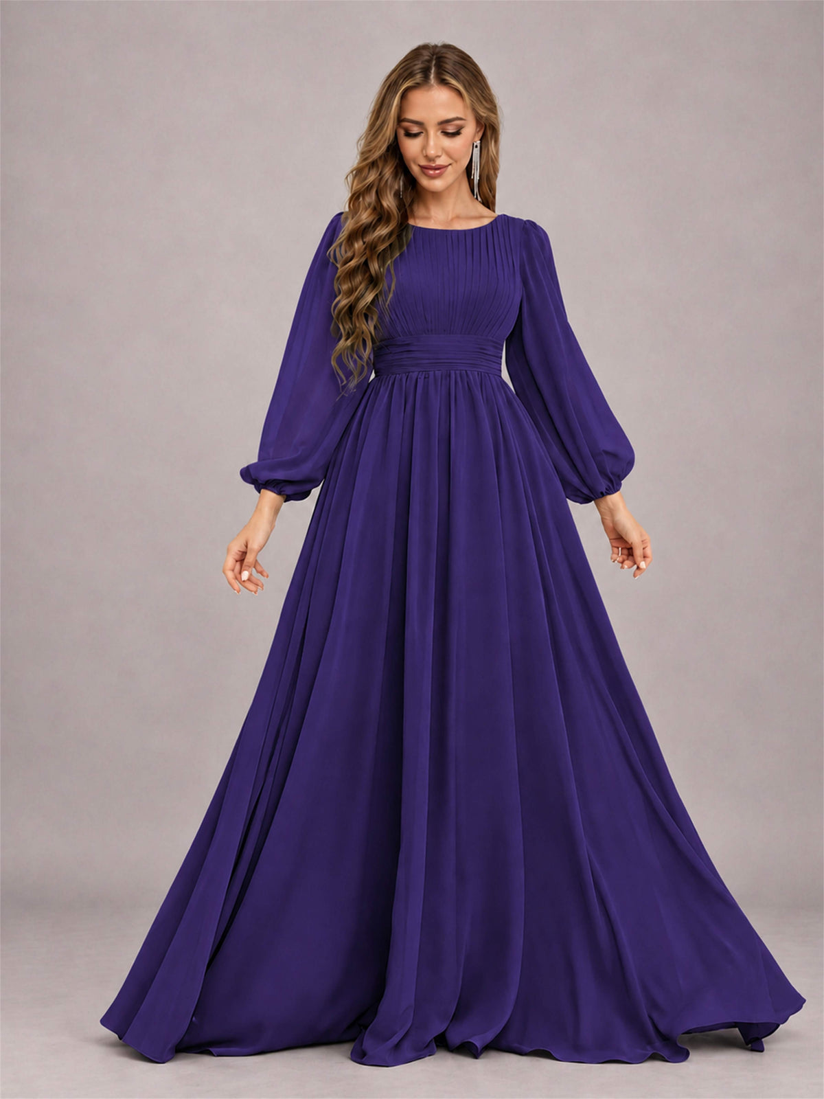 Regency Trendy Long Sleeves Ruched Floor Length Chiffon Bridesmaid Dress