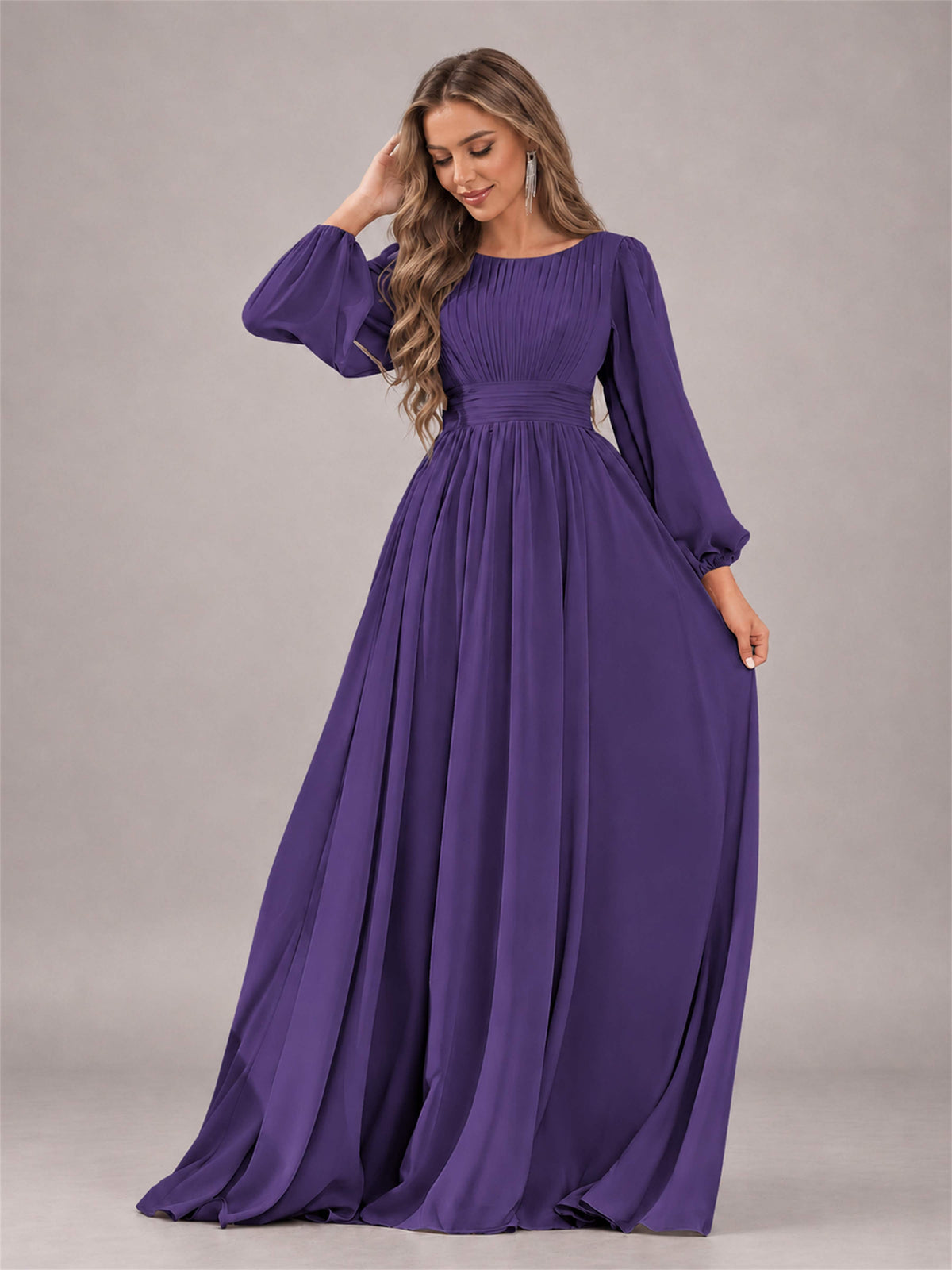 Regency Trendy Long Sleeves Ruched Floor Length Chiffon Bridesmaid Dress