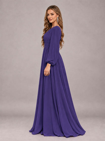 Regency Trendy Long Sleeves Ruched Floor Length Chiffon Bridesmaid Dress