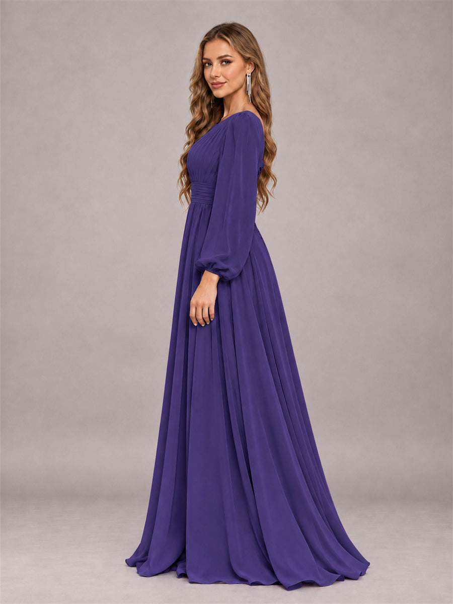 Regency Trendy Long Sleeves Ruched Floor Length Chiffon Bridesmaid Dress