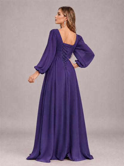Regency Trendy Long Sleeves Ruched Floor Length Chiffon Bridesmaid Dress