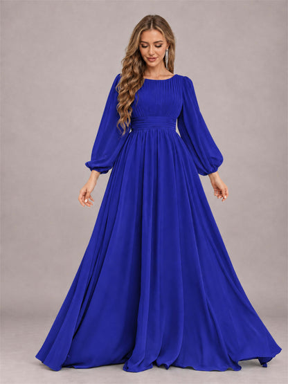 Royal Blue Trendy Long Sleeves Ruched Floor Length Chiffon Bridesmaid Dress