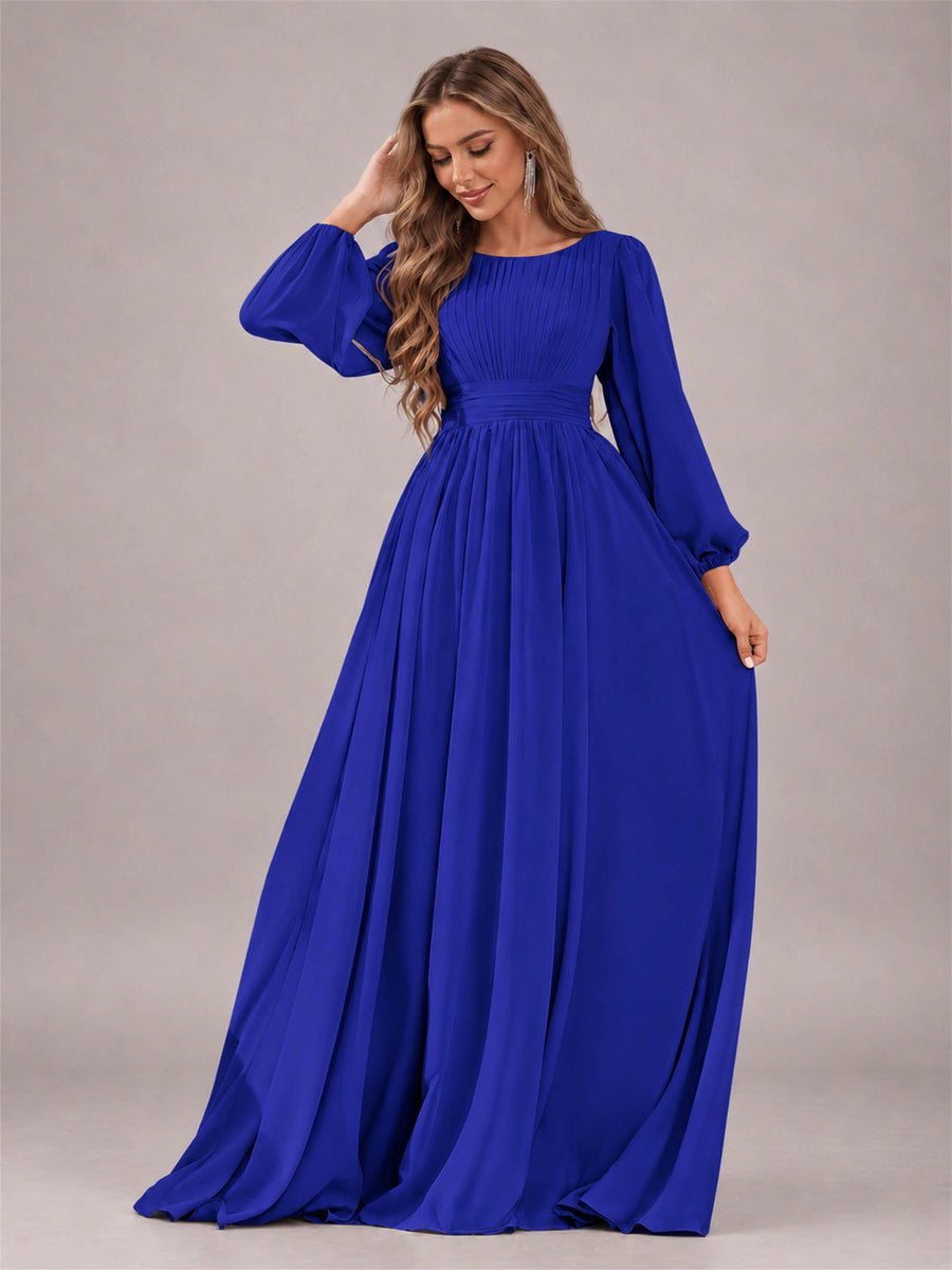 Royal Blue Trendy Long Sleeves Ruched Floor Length Chiffon Bridesmaid Dress
