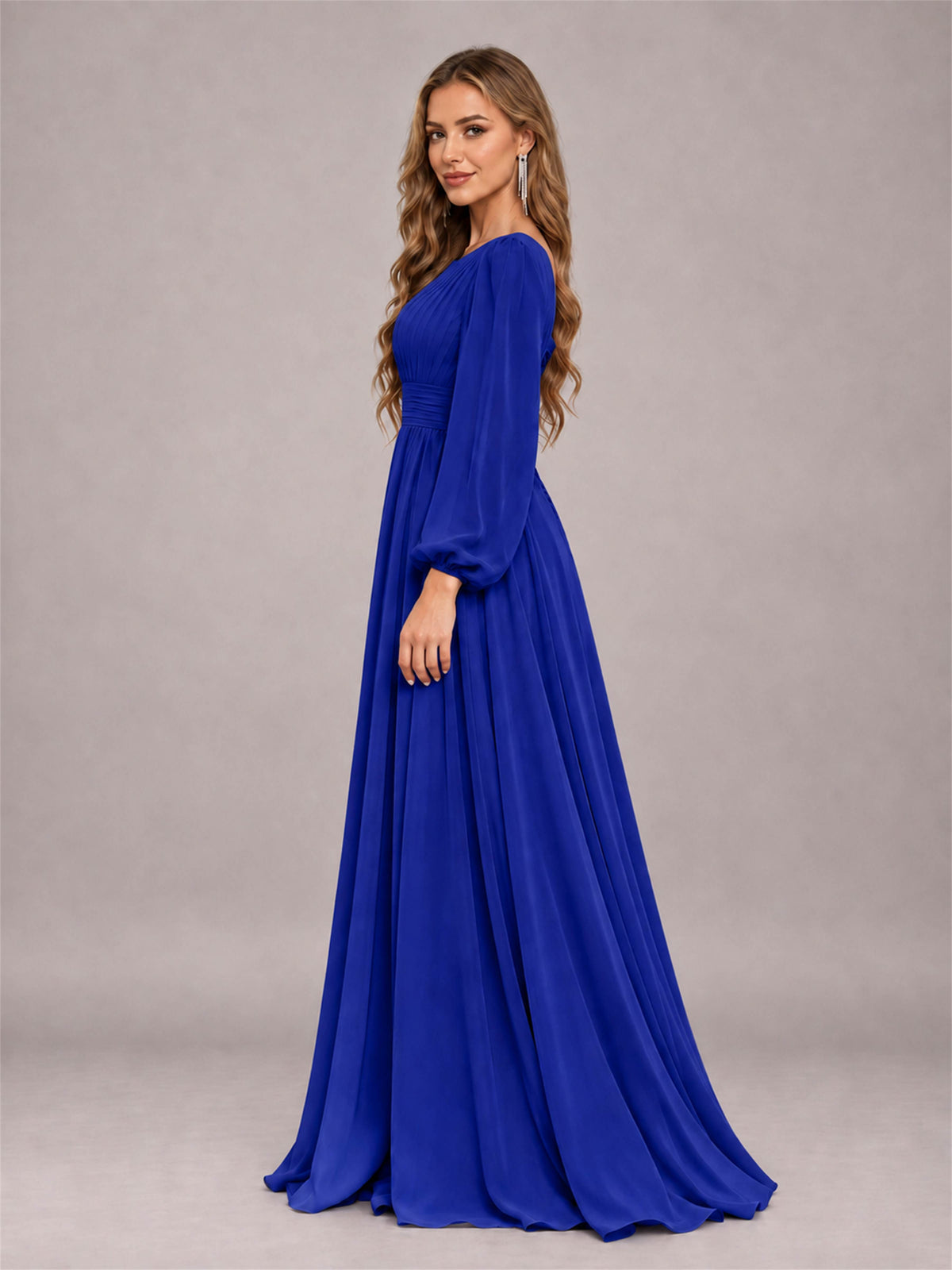 Royal Blue Trendy Long Sleeves Ruched Floor Length Chiffon Bridesmaid Dress
