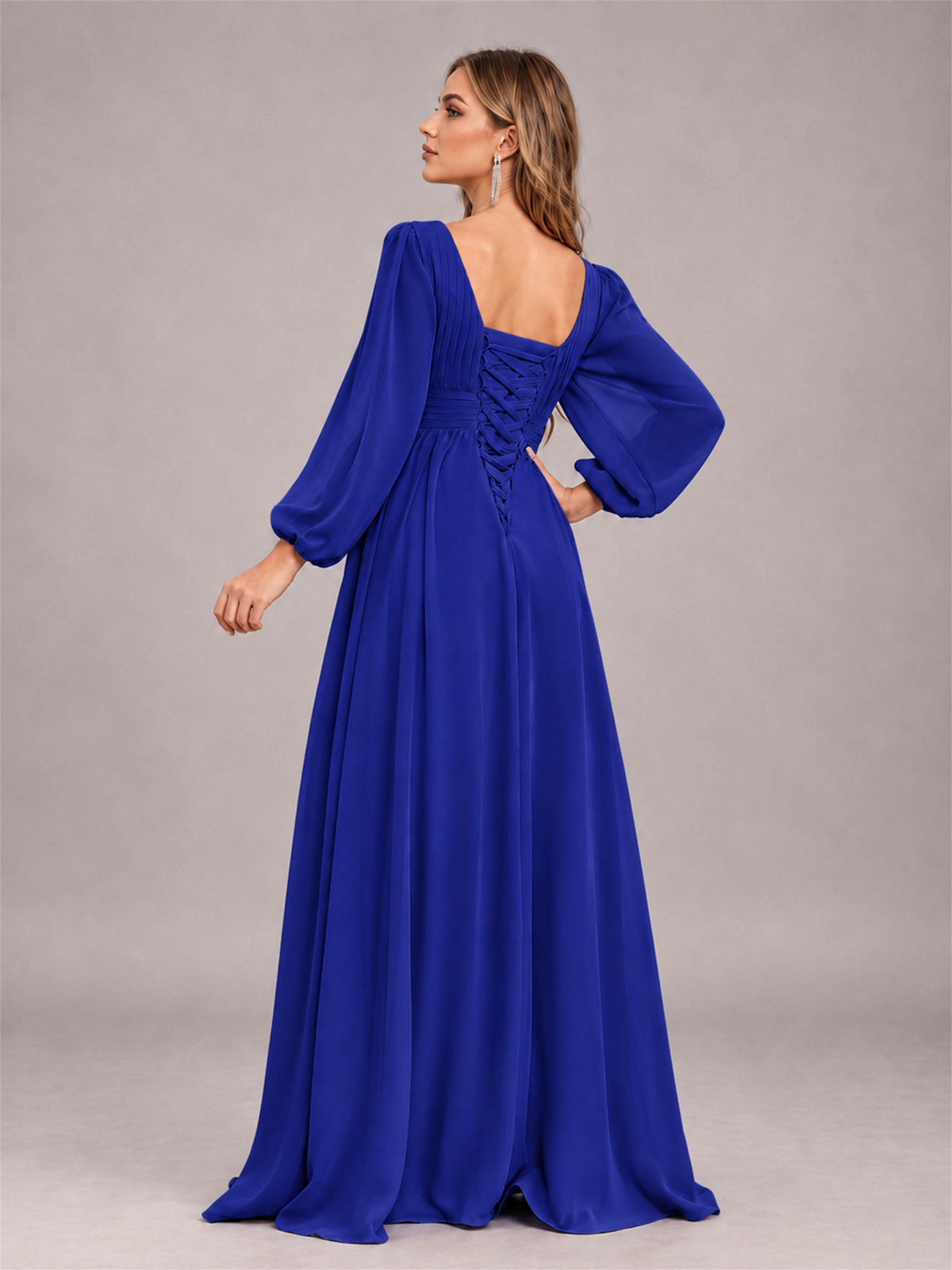 Royal Blue Trendy Long Sleeves Ruched Floor Length Chiffon Bridesmaid Dress