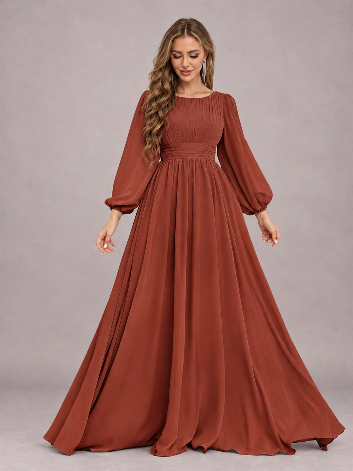 Rust Trendy Long Sleeves Ruched Floor Length Chiffon Bridesmaid Dress