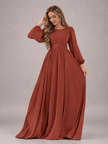 Rust Trendy Long Sleeves Ruched Floor Length Chiffon Bridesmaid Dress