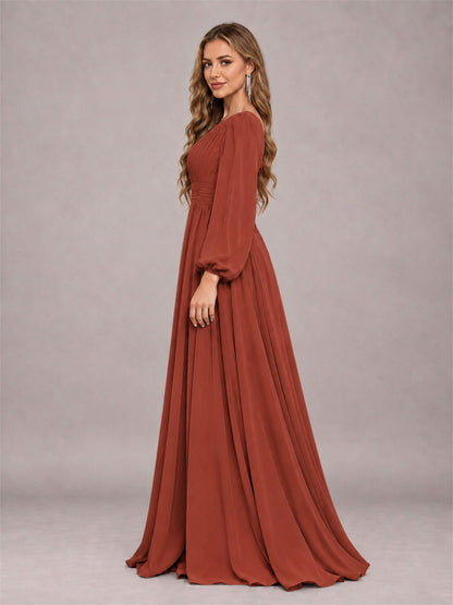 Rust Trendy Long Sleeves Ruched Floor Length Chiffon Bridesmaid Dress