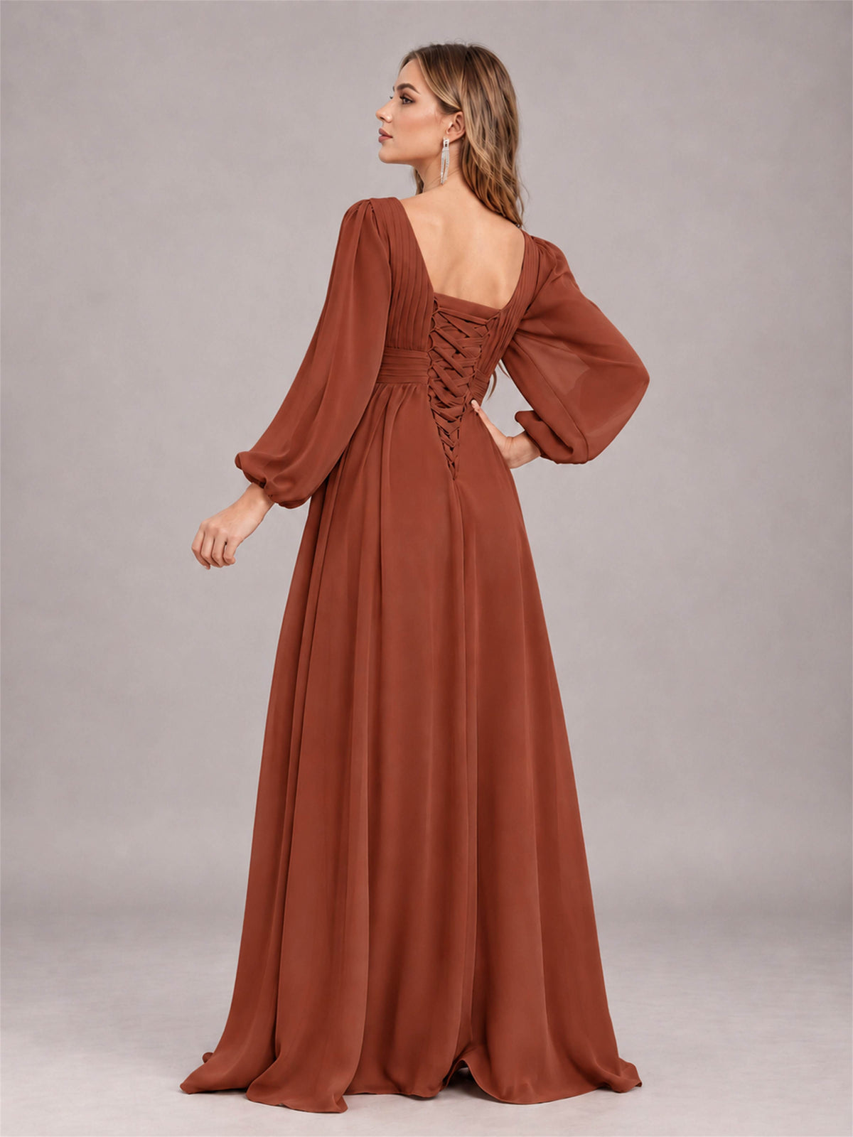 Rust Trendy Long Sleeves Ruched Floor Length Chiffon Bridesmaid Dress