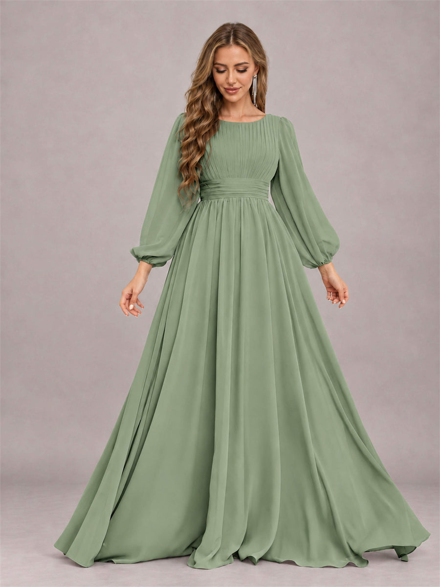 Sage Green Trendy Long Sleeves Ruched Floor Length Chiffon Bridesmaid Dress