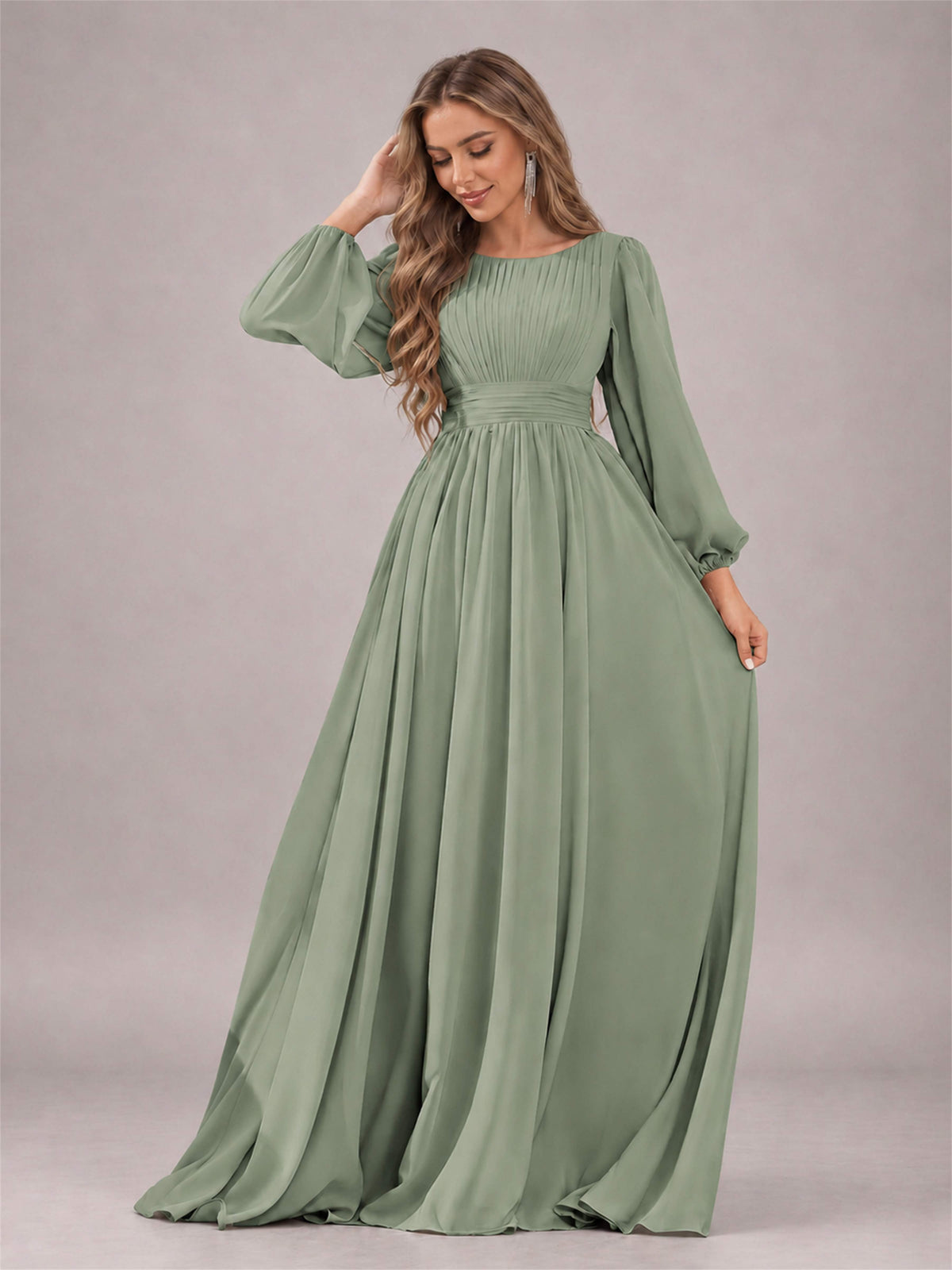 Sage Green Trendy Long Sleeves Ruched Floor Length Chiffon Bridesmaid Dress