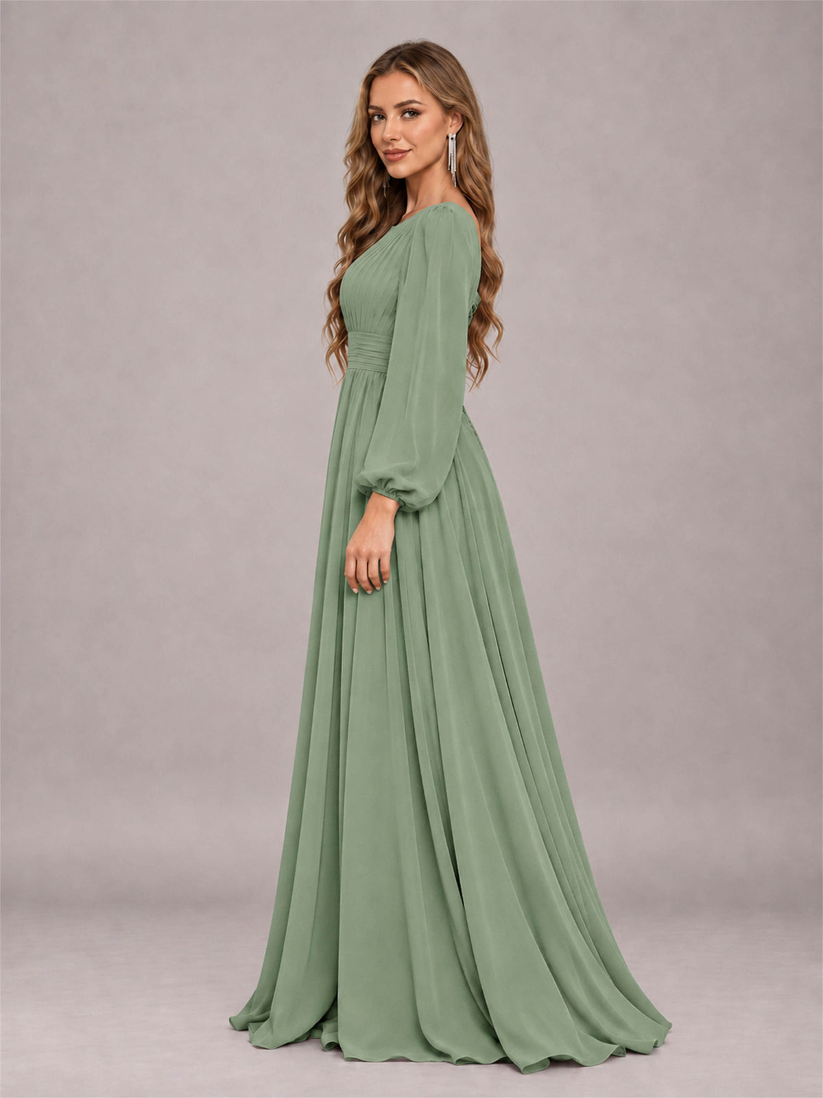 Sage Green Trendy Long Sleeves Ruched Floor Length Chiffon Bridesmaid Dress