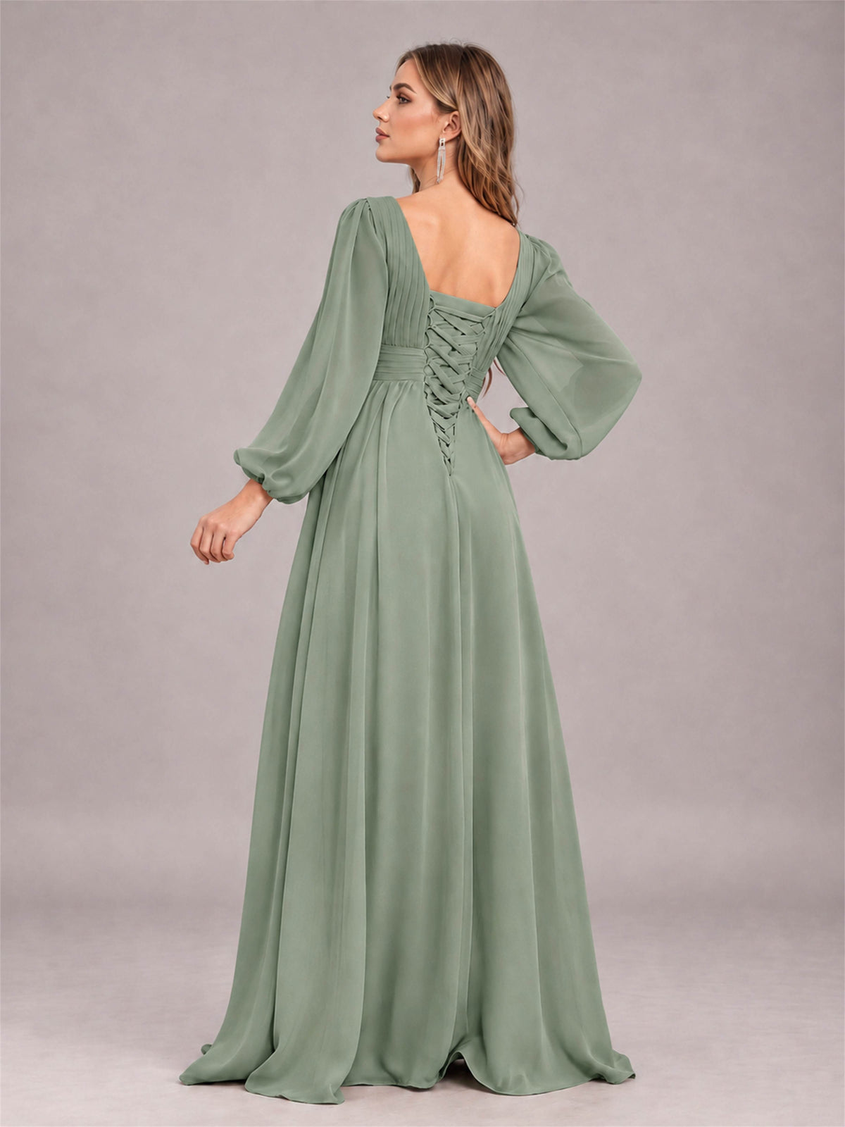 Sage Green Trendy Long Sleeves Ruched Floor Length Chiffon Bridesmaid Dress